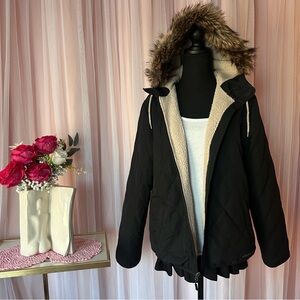 Eddie Bauer Black Quilted Puffer with Faux Fur Hood